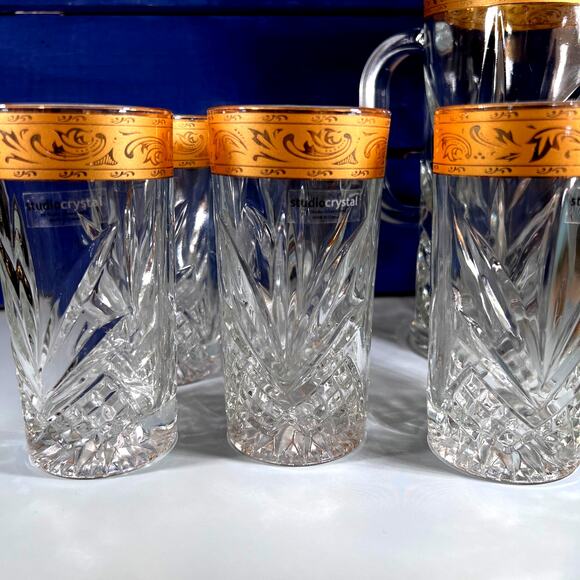 Vintage Studio Crystal By Studio Silversmiths Barware Set With 24kt Gold Rim - Picture 3 of 9